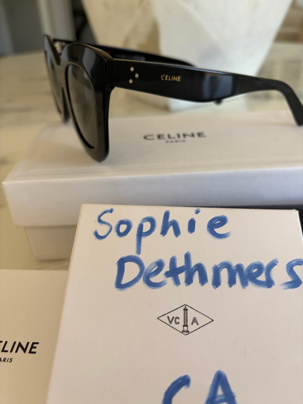 Celine Glossy Black Cat-Eye Sunglasses with Dark Green Lenses - Picture 2 of 8